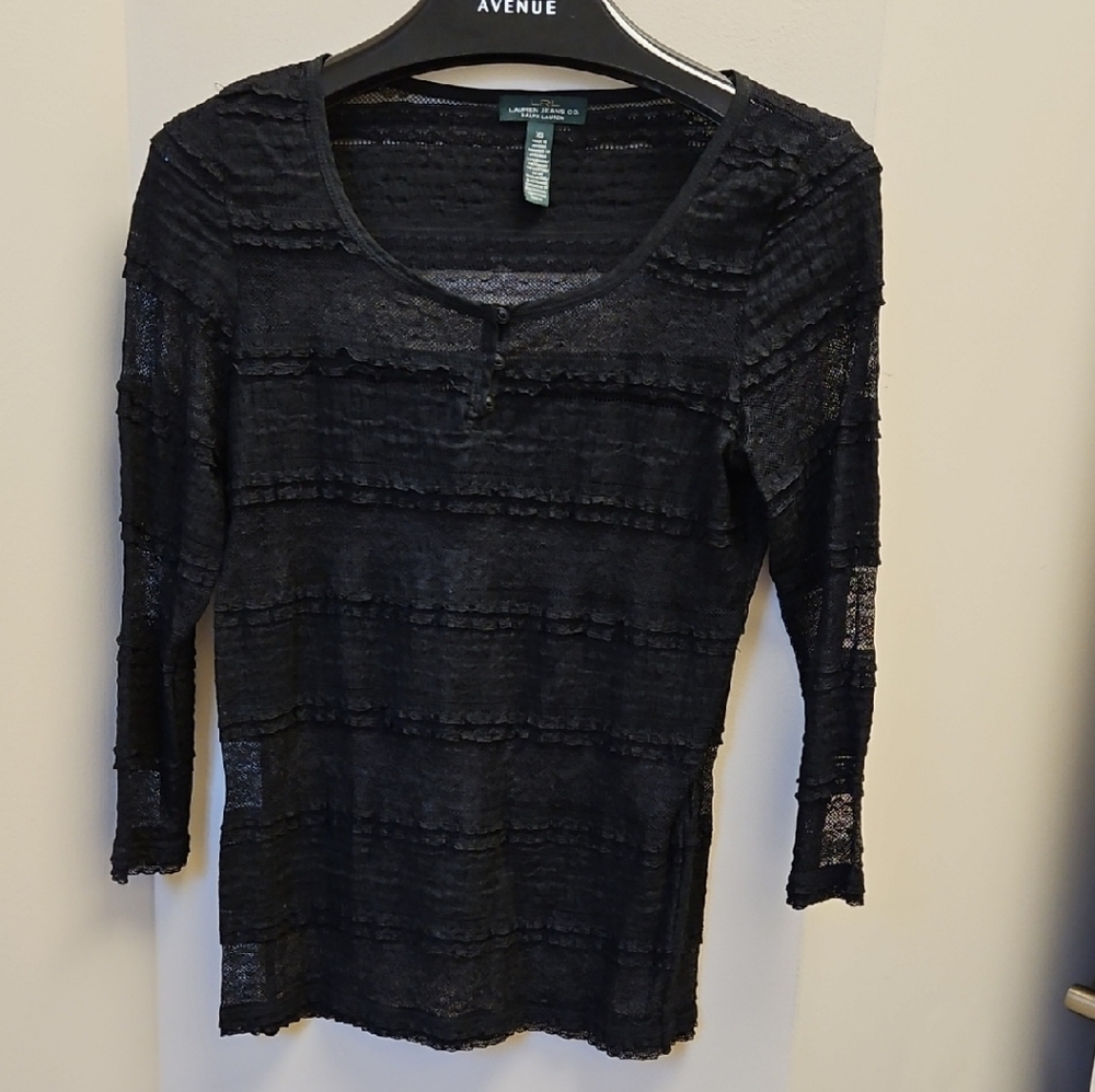 Ralph Lauren Jeans Company Black Sheer Textured Long Sleeve Top